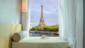 view of Eiffel tower from famous hotels in paris